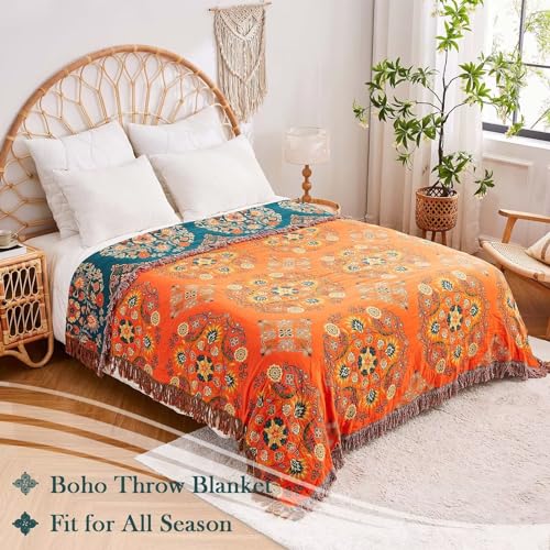 Image of XIBLC Boho Throw Blanket, 100% Cotton Ultra Soft Luxury Throw Rustic Quilt, 90 inchx98 inch Floral Printed Farmhouse Decor Bed Summer Blankets, All Season Rustic Reversible Bohemian Throw for Bed - Orange