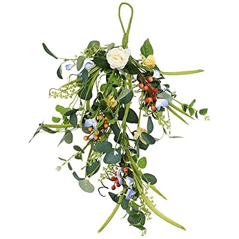 LSME Teardrop Wreath Summer with Artificial Rose and Berry for Front Door Home Decoration Cover