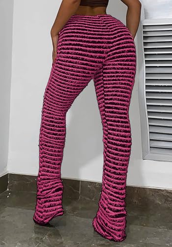 Wcuvbv Stacked Pants for Women Fuzzy Striped High Waist Patchwork Bodycon Bell Bottoms Sweatpants Pink L - image 5