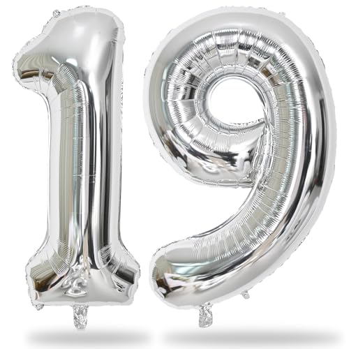 Image of 19th Birthday Balloon for Girls Boys, 40 Inch Silver Number 1 & 9 Mylar Balloons Self Inflating, Big Foil Helium Number 19 Balloons for Men Birthday Decor Women Anniversary Party Decorations Supplies