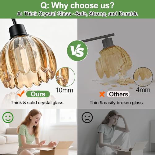 Image of Bathroom Light Fixtures, 3-Light Black Vanity Light with Ribbed Amber Tulip Glass Shades, 20-Inch Bathroom Lighting Over Mirror for Bedroom, Living Room, Hallway (Bulbs Not Included)