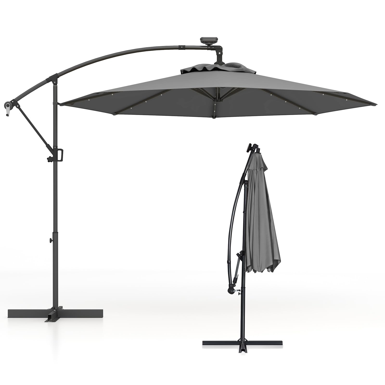 KOMFOTTEU Sombrilla Solar de Jardín con Luces LED, Parasol de Terraza con Manivela para Rotación de 360°, Inclinable, Paraguas de Mrcado de 300 cm x 230 cm, Base Cruzada