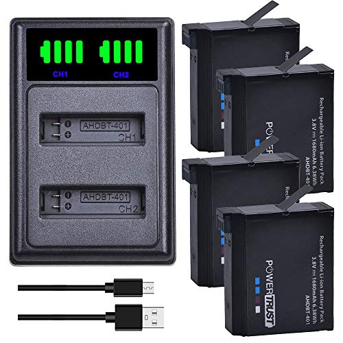 PowerTrust 4-Pack AHDBT-401 AHDBT401 Battery for Gopro Hero 4 AHBBP-401 Digital Battery and AHDBT 401 Dual USB Charger for GoPro Hero4 HERO4 Camera