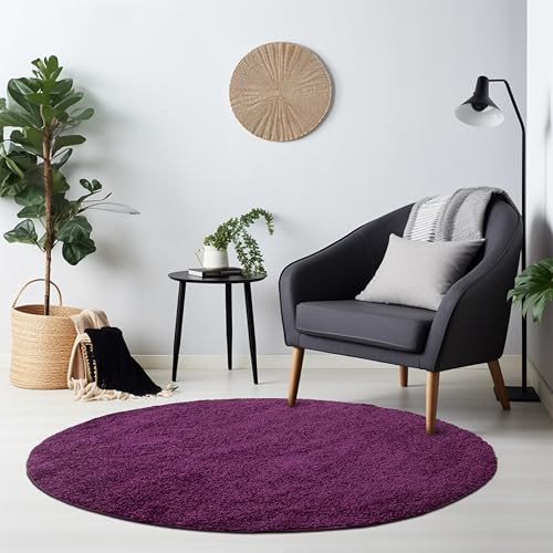Home by Home Tapis doux et épais style shaggy moderne Uni Plusieurs formes et tailles disponibles, 100 % polypropylène, violet, 120 cm - Rond