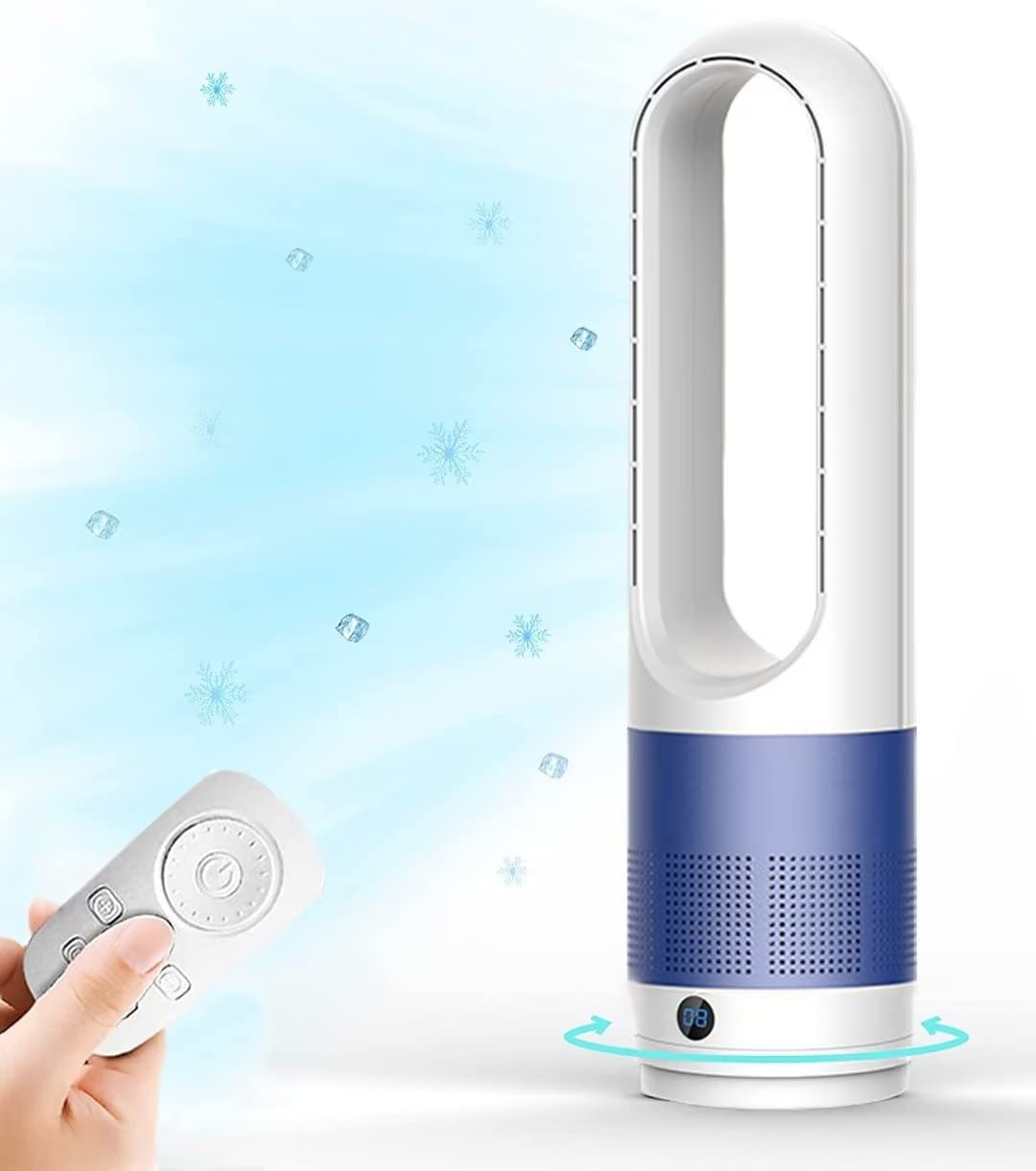 Nowoczesny wentylator wieżowy bez łopatek do użytku domowego, naturalne chłodzenie wiatru 40 W, oscylacja 80° z pilotem zdalnego sterowania, 8 prędkości, 8-godzinny zegar, wyświetlacz LED,