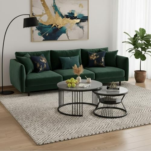 Image of Modern Nested Coffee Table Set of 2 | Round Marble Finish Tabletop with Metal Base | Luxury Center Table for Living Room, Lounge & Office (Black Grey)