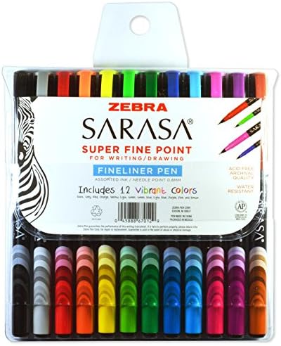 Zebra Pen Sarasa Fineliner Marker Pen, Needle Point, 0.8mm, Assorted Ink Colors, 12-Pack