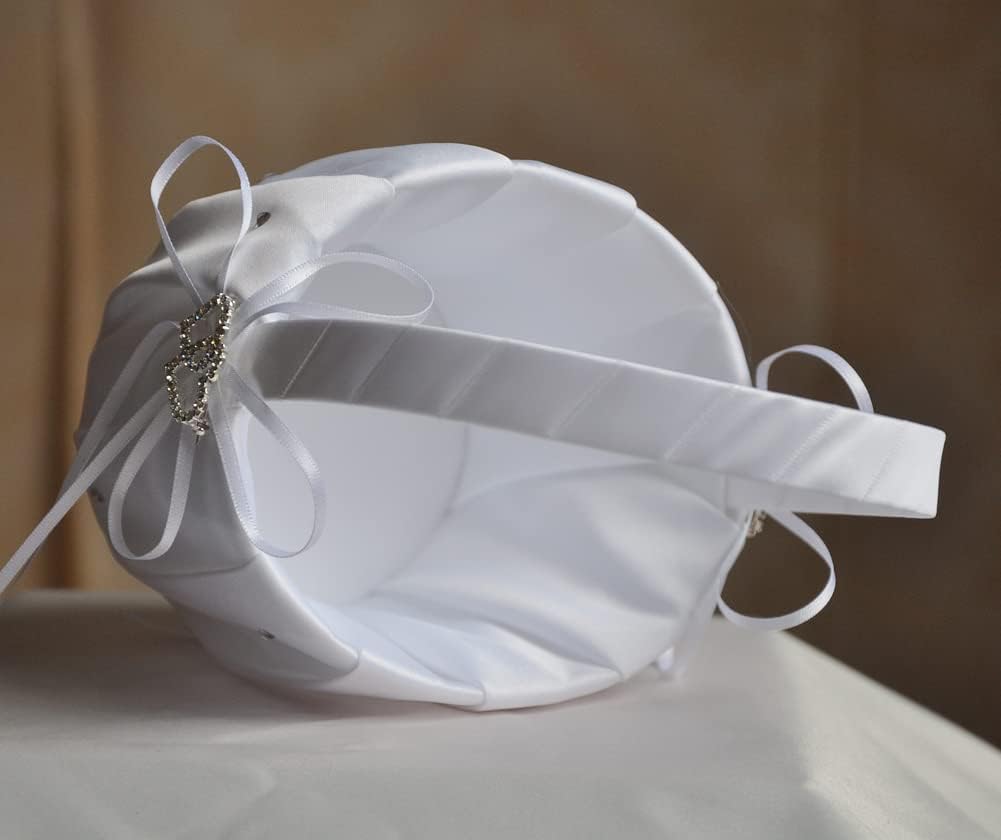 Flower Girl Baskets and Ring Bearer Pillow Set, Fariy Baskets with Pearl Rhinestones Satin Lace for Flower Girls, Ring Pillow for Ring Boy Wedding Ceremony Party Decor (White Hearts-2Pack)