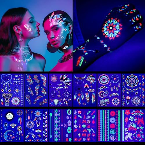 Ojos, Compra de libro digital 12 Hojas Grandes Glow in the Dark Tattoo 150+ Neon Maquillaje Temporal, Rave Festival Accesorio, Cara Falsa Mariposa Tatuaje UV Luz Negra para Mujeres...