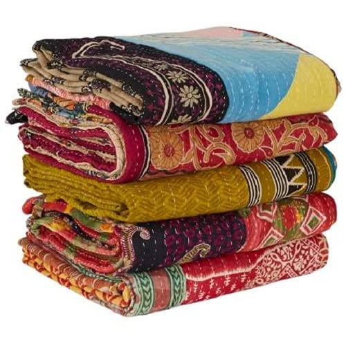 Lavish Indian Art 5 Pieces Mix Lot of Indian Kantha Quilts Cotton Bed Cover Throw Old Sari Made Assorted Patches Made Blanket