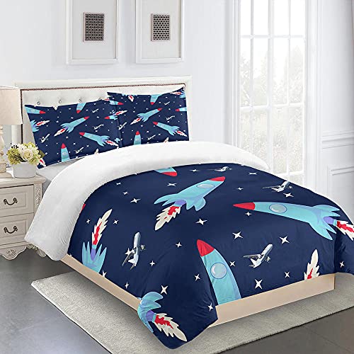 Juego de Funda Nórdica 3D 180X200Cm,Avión Estelar Azul Oscuro ,Fundas de Edredón Suave de Microfibra y 2 Fundas Almohada, para Niños Adolescentes y Adultos