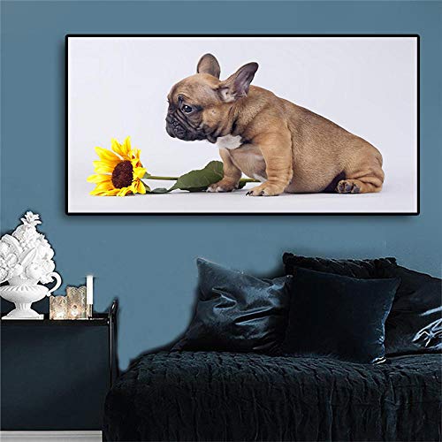 5D Diamond Painting Bulldog francese girasole Kit Completo, Pittura Diamante Kit,Grandi Dimensioni Trapano Completo Immagini di Strass Artigianato Decorazione della Parete di casa Round Drill 60x30cm