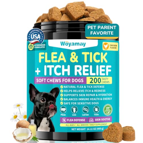 Woyamay Flea & Tick + Itch Relief for Dogs Chewables Flea and Tick Prevention for Dogs Dog Allergy Chews Dog Itching Skin Relief & Skin Repair Flea Treatment Dogs 200 Soft Chews Chicken Flavor