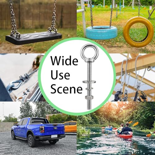 Image of M10 Stainless Steel Eye Bolts with Nuts 4 Pack, M10 x 100mm (3 /8 inch x 4 inch) Long Shoulder Lifting Eye Bolt for Swing Board, Heavy Duty Threaded Ring Screw Eyebolts Kits for Tie Down Straps Outdoor