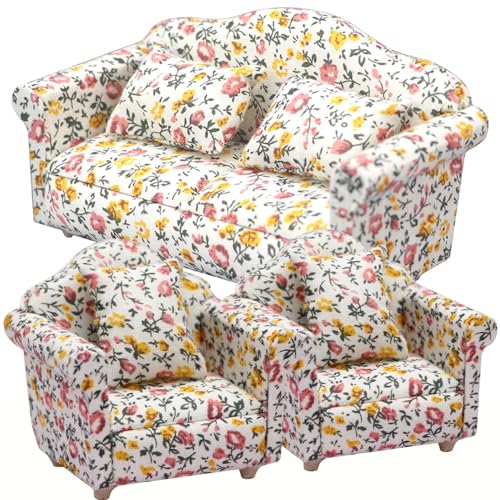 moin moin ミニチュア 家具 1/12 1:12 スケール 家具 ソファ 3点セット B品 訳アリ/ドールハウス 二人掛け 一人掛け シングル クッション ホワイト 小花柄 花 フラワー 布 ファブリック ドール 人形 雑貨 2311mini34