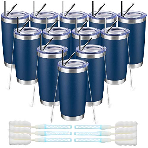 COKTIK 20 oz 12 Pack Tumbler with Lid and Straw Stainless Steel Double Wall Coffee Tumbler Vacuum Insulated Durable Powder Coated Travel Coffee Mug Navy