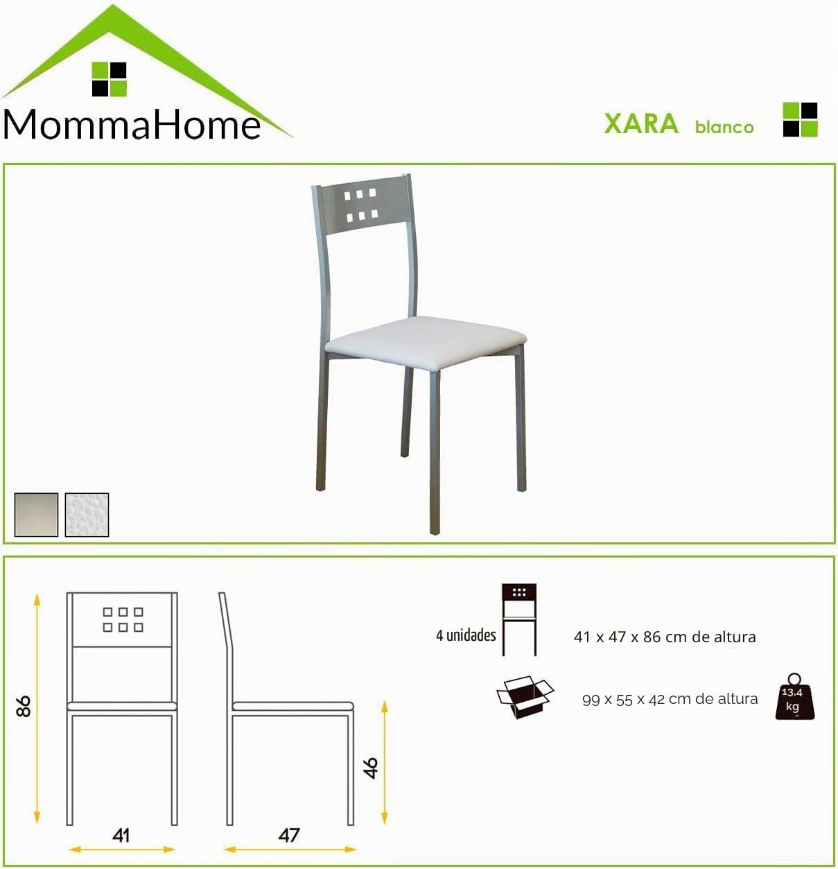 MOMMA HOME Set 2 Sillas de Cocina y salón -Xara - Material Metal Color Plata y Asiento en Cuero sintético - Medidas 41 x 47 x 86 cm. (Blanco)