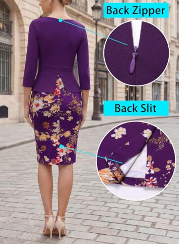Image of VFSHOW Womens Pleated Crew Neck Peplum Slim Work Business Bodycon Dress | 3 /4 Sleeves, Professional Elegant Church, Funeral, Spring Fall, Fitted Office Pencil Sheath Dress