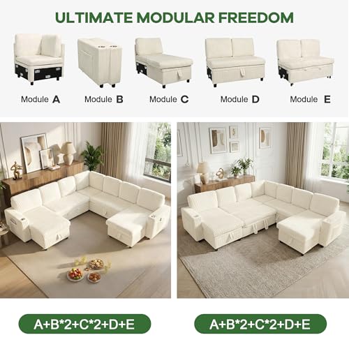 Image of Sleeper Sectional Couch, Sleeper Sofa Bed with Pull Out Bed, Oversized Corduroy Couch for Living Room, Bedroom and Apartment, Modular Corner Sofa with Storage, Beige