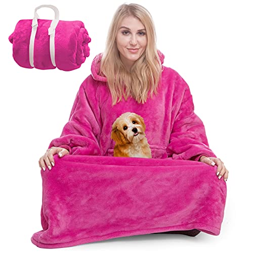 Blanket Sweatshirt Hoodie Blanket Wearable Blanket Blanket Hoodie for Women Men Hooded Blanket Cozy Blanket Women, Super Warm and Oversized Blanket with Giant Sleeves and Pocket (Hot Pink)