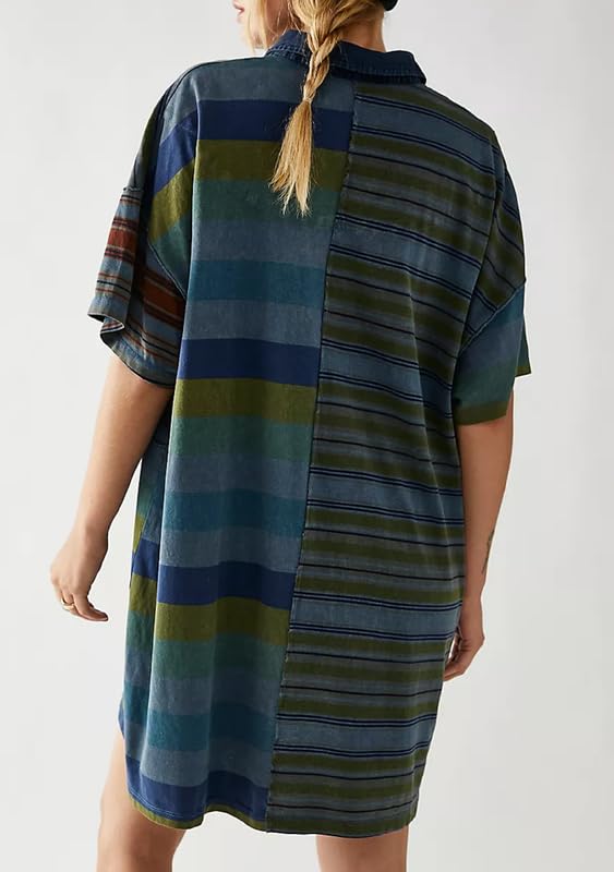 Image of NUFIWI Y2K Striped Shirt Mini Dress for Women Oversized Stripe Tunic Tshirt Dresses Short Sleeve Buttons Loose Fit Tee Dress