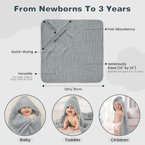 Image of Hooded Baby Bath Towels for Newborn, 2 Pack - 6-Layer 100% Muslin Cotton, Soft Absorbent Baby Towels with Hood for Babies, Infants & Toddlers, Large 32x32 Inch Unisex Newborn Baby Bath Essentials