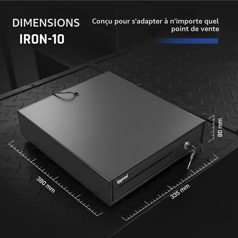iggual Tiroir-caisse IRON-10 Caisse Enregistreuse Acier ABS 4 Billets 6 Pièces Serrure 3 Positions Noir 38x33,5x8