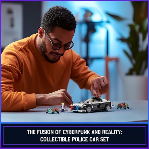Image of FUNWHOLE Police Patrol Car Lighting Building-Bricks Set - Cyberpunk City Car Chase Playkit with Officer 372 Pcs STEM Toys