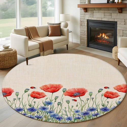 Round Rugs 6ft, 4th of July Floral Non Slip Washable