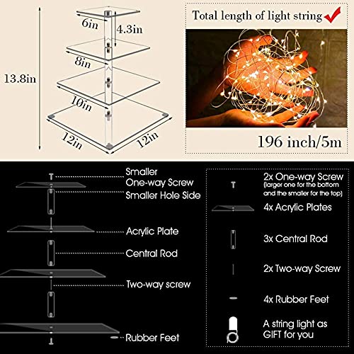 Alzata per cupcake a 4 livelli, in acrilico, con luce LED, per matrimoni, luce calda