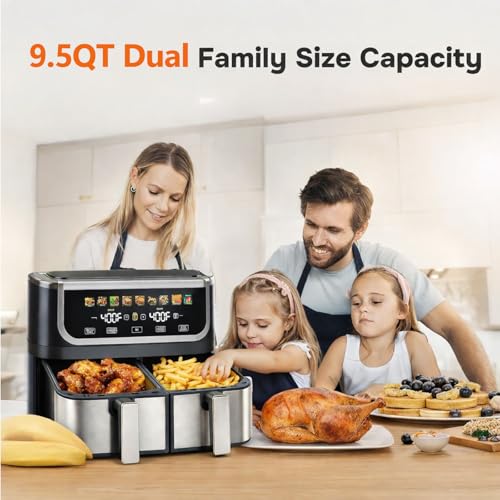 Image of Simple Deluxe 9.5-Qt Dual Basket Air Fryer, 10-in-1 Digital Preset 1700W Airfryer, Sync Cook, Independent Temp Control, Shake Reminder, Nonstick Basket, Black