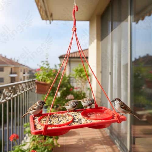 Image of 2-in-1 Dana Pani Bird Feeder Tray for Balcony - Hanging Bird Feeding Station with Water Bowl and Seed Tray Hanging Bird Bath for Sparrow,Wild Birds (Pack of 1)