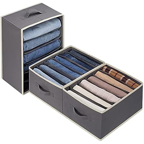 Baesyhom 3 Pcs Large Size Wardrobe Clothes Organizers 6 Grids for Pants, Jeans, Sweater, T-shirt, Dress Stackable Closet Drawer Organizer Storage Bin Container with Sturdy Handles, Dark Grey Cover