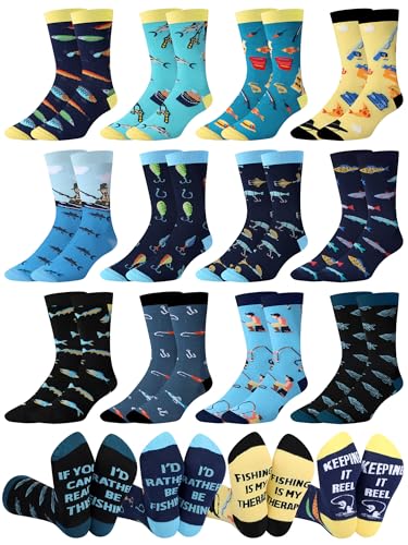 Eurzom 12 Pairs Novelty Fish Socks for Men Funny Fishing Gifts Men Cotton Crew Fisherman Socks for Fishing Lover Dad Birthday Party Favors