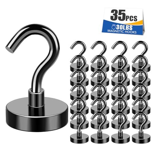 Image of MIKEDE Black Magnetic Hooks 30Lbs Heavy Duty Magnets with Hooks | Strong Magnet Hooks for Hanging Super Metal Magnetic Hanger for Grill Fridge Kitchen - Pack of 35