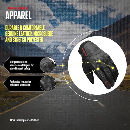 Image of Royal Enfield PHOENIX GLOVES | Leather & Microsuede Hybrid | TPR Knuckle Protection | Perforated Ventilation | Touchscreen Ready | Reinforced Palm Grip | Neoprene Anti-Chafing Cuff BLACK S