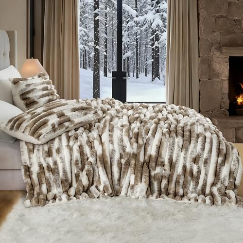 Image of Wonderful Fluffy Faux Rabbit Fur Comforter Set King Size, Striped Stitching Tie-Dye Khaki Plush Fuzzy Bedding Set 3 Pieces, Warm Soft Comforter Bedding Set for Winter, 104 inchx90 inch