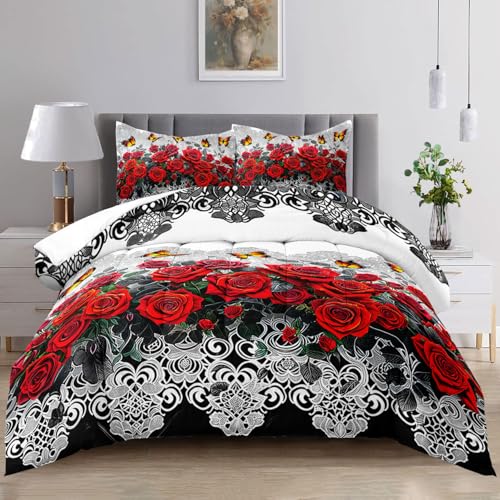 Raphus cucullatus red and Black Rose Queen Size Comforter,Red Bedding Queen Size Comforters,Red Bedroom Decor for Women,Queen Quilt Bedding Rose,Flower Bed Comforter Queen