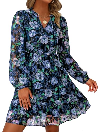 PRETTYGARDEN Women's Fall Boho Dresses 2025 Floral Long Sleeve V Neck Mini Flowy Wedding Guest Dress Trendy Vacation Outfits