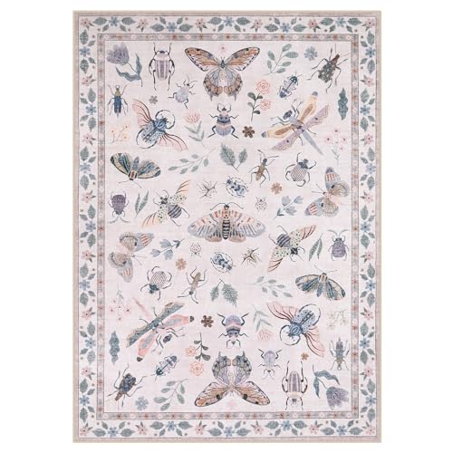 Lahome Insect Print Machine Washable Rugs 5x7, Non Slip Soft Living Room Rugs Ultra-Thin Modern Pink Rugs for Bedroom Girls, Stain Resistant Accent Carpet for Dining Room Office Nursery(5'x7',Pink)