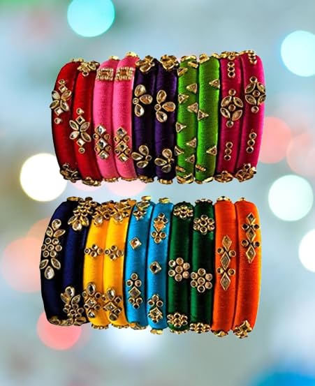Image of Blue jays hub Silk Thread Bangles New kundan Style Multi color Set Of 20 for Women /Girls