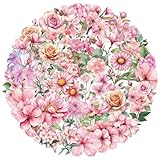 50 Pieces Natural Flowers Stickers for Scrapbooking,Pink Flower Waterproof Self-Adhesive Journal Stickers Transparent PET Flower Deals Supplies Stocking for Adult Card Making Letters DIY (flower3)