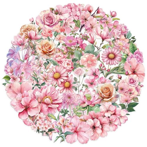 50 Pieces Natural Flowers Stickers for Scrapbooking,Pink Flower Waterproof Self-Adhesive Journal Stickers Transparent PET Flower Deals Supplies Stocking for Adult Card Making Letters DIY (flower3)