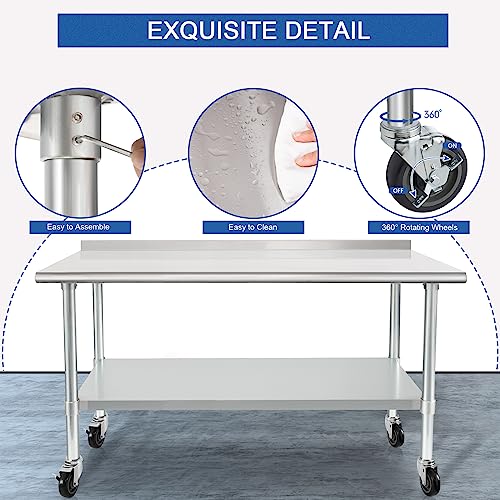 Image of HARDURA Stainless Steel Table 24 x 60 Inches with Wheels Casters NSF Heavy Duty Commercial Prep Table with 2 inch Backsplash and Adjustable Undershelf for Restaurant Kitchen Home and Hotel