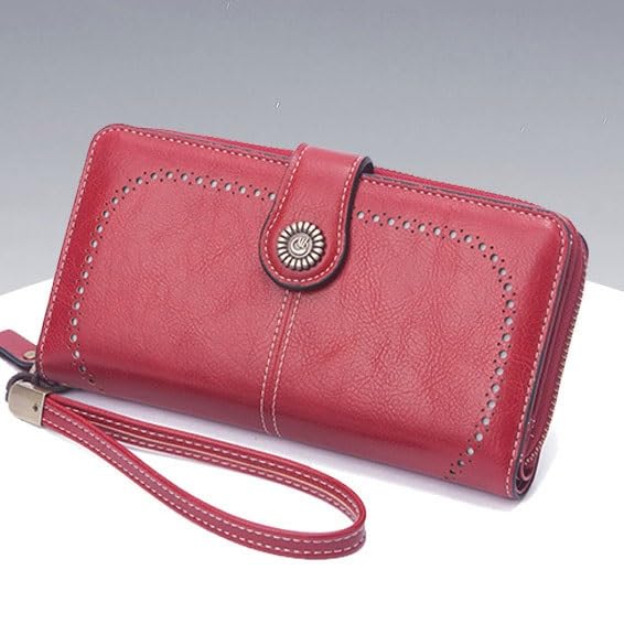 Cross border New Women's Wallet Vintage Oil Wax Leather Long Hollow Wallet Multi functional Large Capacity Phone Bag3