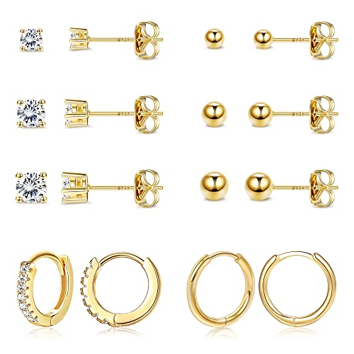 FASACCO 14K Gold Earrings for Women Men 925 Sterling Silver Post Earrings Studs Hypoallergenic Small Ball CZ Hoop Stud Earring Sets for Multiple Piercing