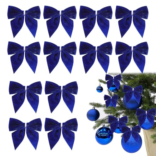 iwiio Lazos azules para decoración de árbol de Navidad - 12 piezas de lazos de terciopelo para árbol de Navidad, lazos para corona de Navidad, adornos de árbol de Navidad para la decoración de fiesta
