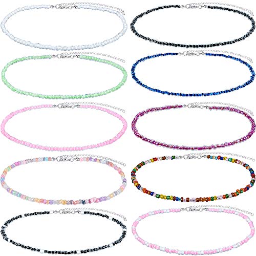 Hicarer Seed Bead Choker Necklace Tiny Beaded Choker Boho Colorful Choker Necklace Chain Jewelry for Women and Girls, Adjustable 12-16 Inches (Color Set 3, 10 Pieces)
