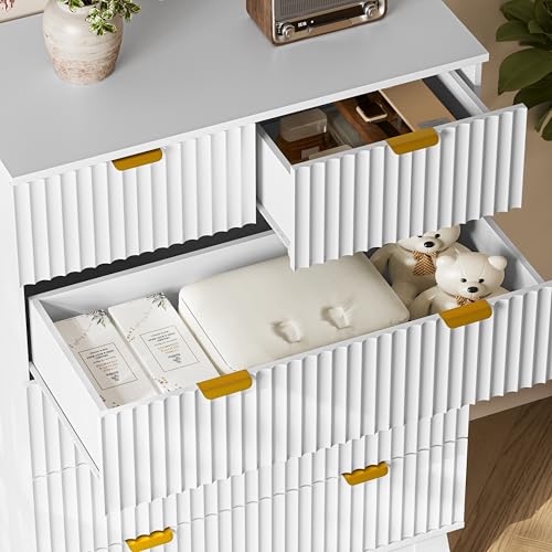 Image of BORNOON 46 inch Tall Dresser for Bedroom, 6-Drawer Fluted Chest of Drawers, Modern Wood Highboy with Deep Storage, Metal Slides and Handles, Anti-Tip Kit, Vertical Clothes Organizer for Apartment, Nursery