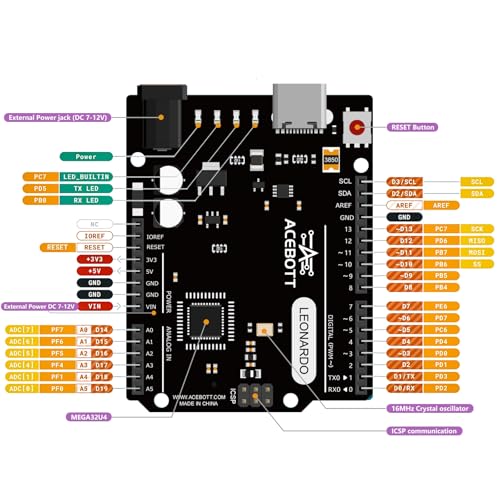 Image of Leonardo R3 Board Atmega32u4 for Arduino, Leonardo Microcontroller Development Board with Type-C USB Cable, DIY Starter Kit, Input Voltage 7-12V, 16MHZ, 20 Digital 1 /0 pins Support PWM, SRAM 2.5KB